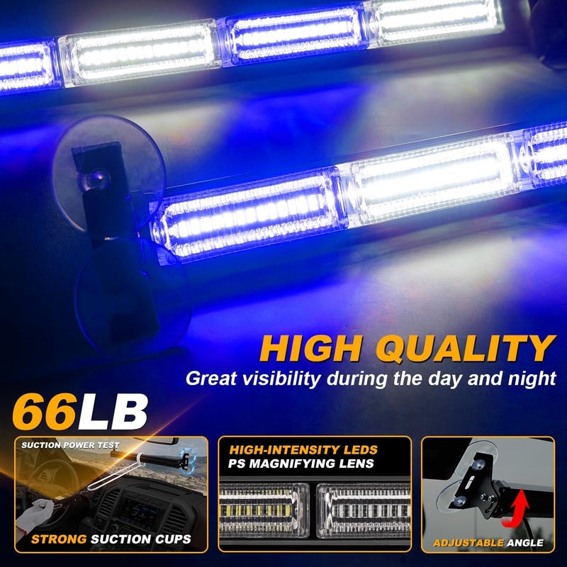 LRTER 2x17.7 Emergency Dash Lights Interior Windshield Strobe Volunteer Firefighter Lights Warning Hazard Safety Front/Rear Deck Split Mount for Vehicles Trucks Firefighter, Blue/White - Image 3